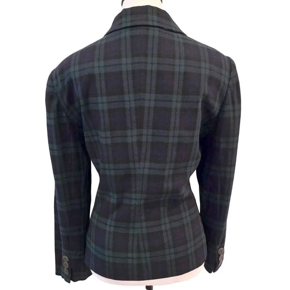 Vintage 90s Linda Allard Ellen Tracy Tartan Knit Wool Blazer Size 10 Korea